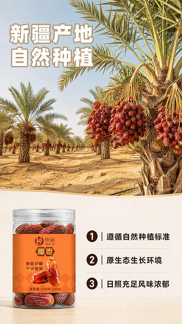 [第2屏] 产地与原料展示-快砳新疆椰枣产地优势专屏。本屏使用【图1】产品作为参考，保持产品包装风格和色彩一致。
[氛围/风格] 自然清新原产地风格，开阔干净，突出新疆产地阳光充足的天然优势，商业纪实摄影质感。
[元素布局] 画面上半部分是新疆戈壁椰枣林开阔实景，阳光洒在椰枣树上，挂满红棕色椰枣果实，画面占比60%。下半部分左侧放置罐装产品缩小版，右侧是文字信息区域，整体信息饱满，分上下结构，上实下虚有层次。
[光影质感] 户外自然阳光顶光照明，果实层次分明，整体光线明亮温暖，突出天然产地的鲜活感。
[配色色系] 全局底色：#F5F0E6（浅原木暖灰）；主体配色：沙土地黄色#D2B48C+椰枣红棕色#993300；辅助色：保持罐体暖橙色#F2994A一致，字色延续深棕色#3D2314。
[视角构图] 上半部分超广角平视椰枣林产地，下半部分平面版式排版，符合手机竖向阅读习惯，动线清晰。
[文字版式] 上半部分左上叠加大标题「新疆产地 自然种植」，白色文字加浅棕色描边，字号8%-10%。下半部分右侧分三点排列卖点："1. 遵循自然种植标准"、"2. 原生态生长环境"、"3. 日照充足风味浓郁"，字体全程统一圆角黑体，仅使用深棕色一种字色，纯色填充，每行左对齐，行间距宽松保证手机可读性，不遮挡产品主体。
[比例分辨率] 9:16竖版比例，4K分辨率，文字清晰可辨，超高清。
[负向提示词] 场景杂乱，文字模糊，颜色偏差，产品变形，水印，极限词，虚假宣传。