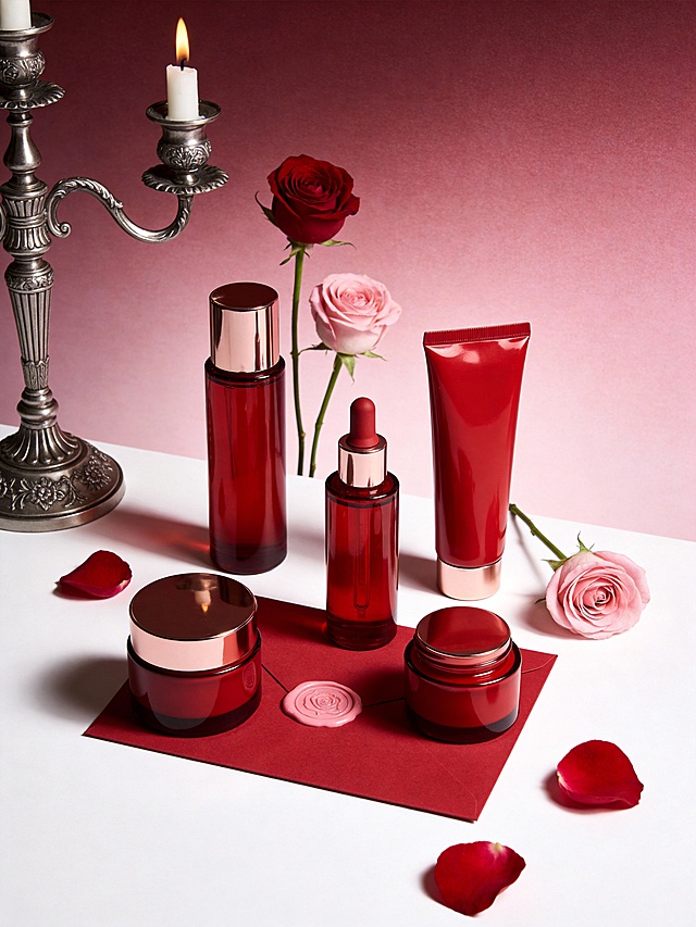 温柔治愈系商业静物摄影风格，画面以柔和渐变的粉红色为背景主色调，搭配深邃酒红与金属银作为视觉点缀，整体色调浪漫且富有层次感。采用平视略俯视的视角，主体错落分布于画面中央的红色信封之上（信封上有粉色火漆印），呈自然直立角度，占据视觉核心区域，主体占画面比例15%。左侧搭配复古银色烛台与点燃的白色蜡烛，后方点缀单支红玫瑰和单只粉玫瑰与散落的玫瑰花瓣，背景为带有细腻肌理的渐变粉色墙面。采用柔和的侧逆光结合均匀补光，营造出细腻的明暗层次与柔和阴影，主体与温馨浪漫的场景融为一体，充满治愈感与氛围感。