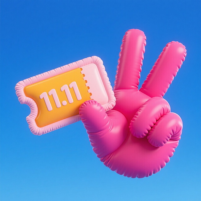 一只比耶的手的符号夹着一张写着"11.11"的购物券，完整展示，促销感的配色，蓝色背景