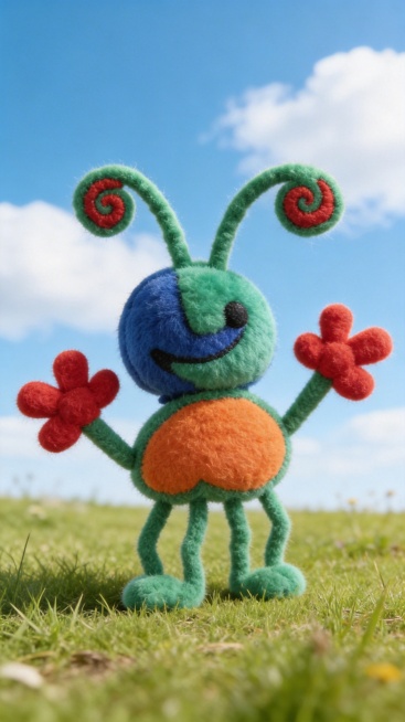 「图片1」将图片中的怪兽做成立体的毛茸茸的儿童毛绒玩偶，柔软的，背景是蓝天白云草地预览效果