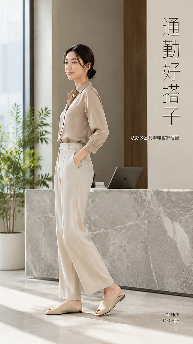 [第5屏] 上脚效果主造型页-模特穿着展示通勤穿搭。本屏使用【图1】作为鞋品外观参考，生成亚洲女性模特上脚效果。
[氛围/风格] 通勤OL风，自然街拍感，轻松优雅，日常真实穿搭场景。
[元素布局] 亚洲女性模特（25-30岁，气质干练）侧身站立于画面中央，占画面约70%；模特身穿米白色垂感西装裤+浅卡其色真丝衬衫，脚穿米杏色鱼嘴穆勒半拖；背景为简约现代办公室前台区域，有大理石台面与绿植；模特一只脚微微向前，展示鞋子正面鱼嘴设计，另一只脚侧站展示鞋型侧面；鞋子的颜色、鱼嘴开口形状、平底结构、羊皮质感与输入产品图完全一致；整体穿搭简约高级，突出通勤场景。
[光影质感] 自然光从左侧窗户照入，柔和明亮，人物与鞋子有自然光影，皮肤质感通透，鞋面皮面有自然高光。
[配色色系] 全局底色 #F8F5F0（暖米白）；主色米杏色鞋子；辅助色米白衬衫、浅卡其裤子、大理石灰；文字色深灰。
[视角构图] 全身侧面视角，模特位于画面中心偏左，右侧留白，阅读动线从上至下欣赏整体穿搭，视线落于脚部鞋品。
[文字版式] 版式为右侧竖排文字 + 左侧人物主体。主标题「通勤好搭子」，竖排纤细无衬线体；副标题「从办公室到咖啡馆都适配」，横排小号字位于主标题下方；底部右下角小号英文「OFFICE TO CAFE」；文字不遮挡人物与鞋子。
[比例分辨率] 9:16 竖版比例，4K分辨率，文字清晰可辨，高清画质。
[负向提示词] 鞋子变形，鱼嘴形状错误，颜色偏差，模特面部模糊，水印，文字错乱，鞋子结构错误，比例失调。