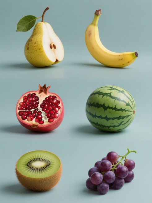 6个规整排布的水果素材，每张素材为单一水果造型图案，包含梨子（黄色带褐色斑点果皮，带绿色叶子和褐色果柄，有切开露出白色果肉和褐色种子的形态）、香蕉（黄色弯曲形态，带褐色果柄）、西瓜（绿色带深色条纹外皮，红色果肉带黑色种子，有切片形态）、石榴（红色外皮，有切开露出红色果粒的形态）、猕猴桃（棕色带绒毛外皮，有切开露出绿色果肉带黑色种子的形态）、葡萄（紫色成串圆形果实，带绿色藤蔓），保持超写实摄影风……预览效果