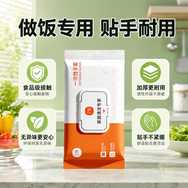 「图片1」，生成一套主图（5张），商品名称是做饭专用一次性pvc手套，卖点是食品级 加厚耐用无异味，贴手，风格是厨房专用，视觉吸睛高点击率配色，适配淘宝/天猫平台，主图比例为1:1「图片1」预览效果