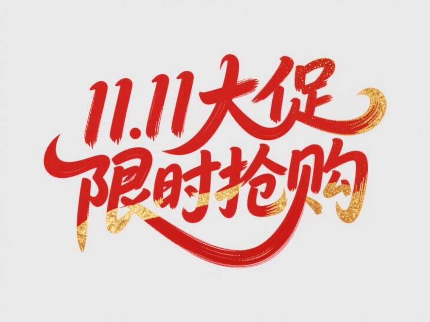 文案“11.11大促 限时抢购”，红金色点缀，线条流畅，富有设计感，字体进行抽象变形，给人以强烈的视觉冲击，画面干净预览效果