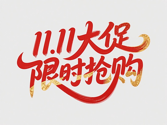 红金双色书法字体，鎏金质感与毛发生长笔触结合，大字风强化视觉冲击，传递喜庆促销氛围，突出双十一限时抢购主题。