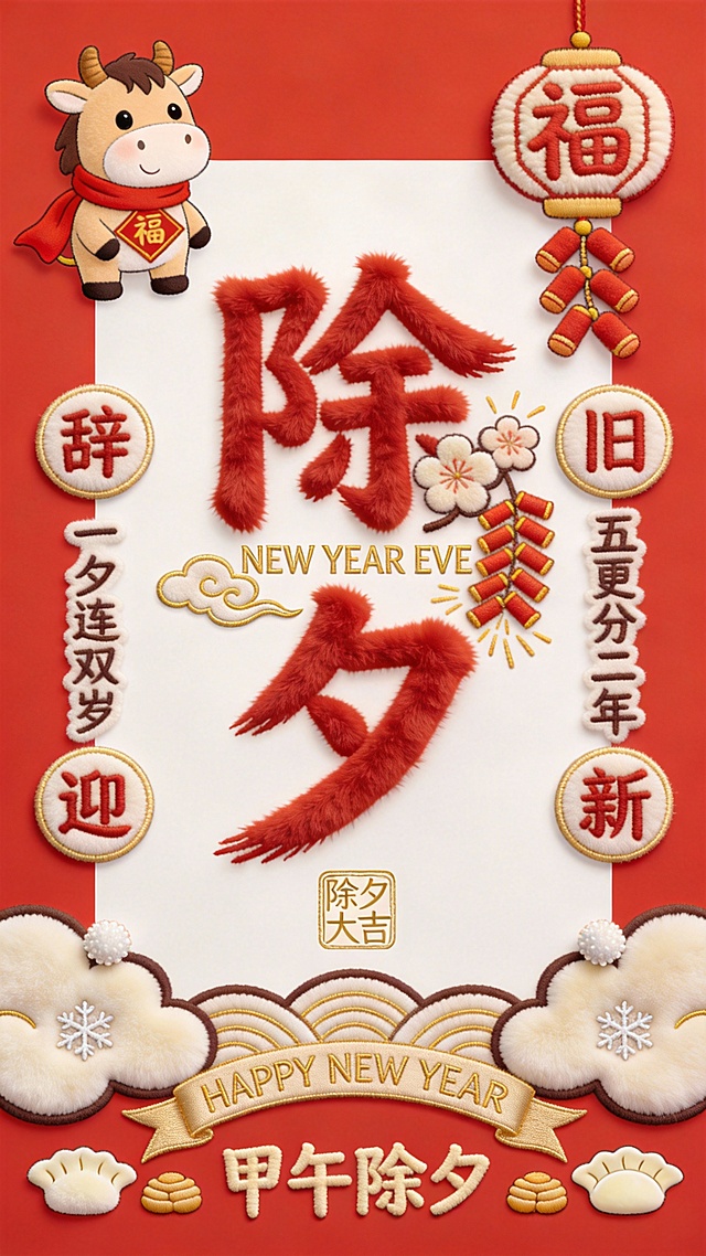 国潮风刺绣质感结合毛发生长效果，卡通牛形象增添可爱感，浮雕式“除夕”大字突出喜庆氛围，红金配色呼应节日主题，整体呈现传统与现代融合的春节视觉。