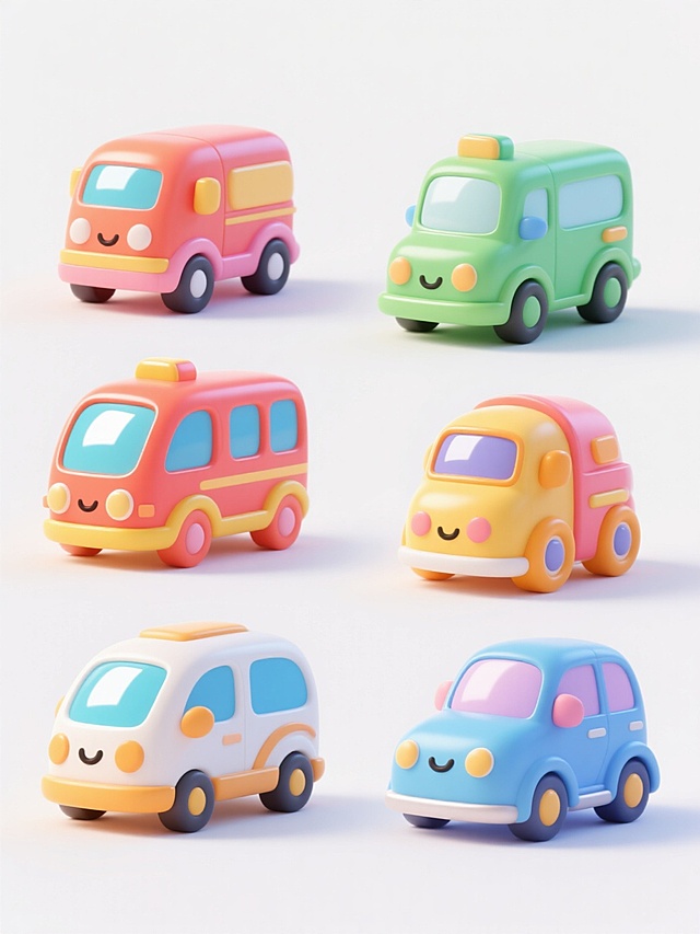 6个不同配色、不同材质、不同样式的3D交通工具元素，采用卡通风格设计，具有圆润可爱的造型和明亮鲜艳的色彩，表面呈现光滑细腻的塑胶质感，部分带有光泽反光效果，整体排列整齐，背景为纯白色，每个交通工具都有独特的设计细节和表情元素，营造出活泼有趣的视觉效果。