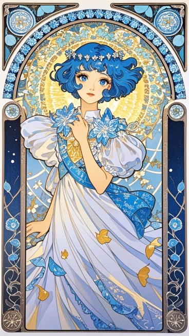 穆夏风格插画，美少女战士，蓝色昭和时期短发，蓝色礼裙。少女，神颜，睫毛根根分明的古典美。自然的曲线魔法，卷发，藤蔓，裙摆，花瓣，金箔圣光，马赛克纹样，神性氛围拉满预览效果