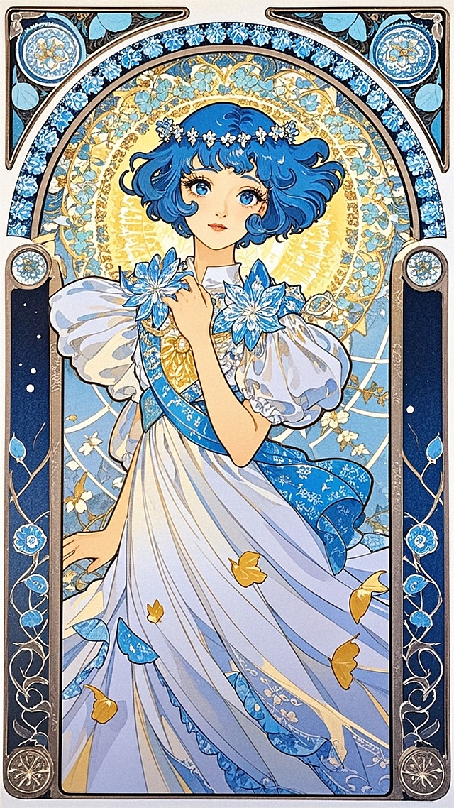 梦幻穆夏风，拟人花精灵，蓝金交织，优雅绽放。