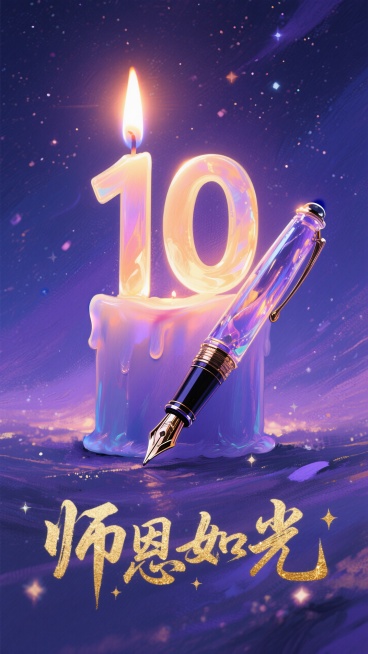 一支正在燃烧的蜡烛，烛火巧妙地变形为数字“10”，温暖的光芒照亮周围。烛身是一支精致的钢笔。背景是深邃而温柔的蓝紫色夜空，星光点点。烫金质感的艺术字体“师恩如光”在蜡烛下方展开，笔画中融入了微小的星辰预览效果