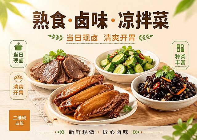 一张熟食卤味凉拌菜的灯箱海报，画面简单清新风格。横版构图，干净明亮的浅米色背景，画面中央摆放着几盘诱人的卤味和凉拌菜——有卤鸭翅、卤牛肉、凉拌黄瓜、凉拌木耳等，色泽鲜亮，摆盘精致，食材新鲜有食欲感。顶部居中是大字号主标题文字"熟食·卤味·凉拌菜"，字体简洁有力。主标题下方是副标题"当日现卤 清爽开胃"。画面左右两侧分布三个小标签："当日现卤"、"清爽开胃"、"种类丰富"，标签为圆角矩形，浅绿或暖橙色点缀。底部有装饰小字"新鲜现做 · 匠心卤味"。整体配色以暖米色、浅木色为主，点缀清新的绿色和暖橙色，营造干净清爽又有食欲的氛围。柔和的顶部自然光，食物表面有诱人的光泽和质感。四周留有舒适边距，版式精美，层次分明，留白适当。画面中所有信息区域必须填充完整合理的内容，不得出现空白框、空白占位、横线待填写区域、空列表项、空单元格。画面中所有二维码区域使用纯色方块占位符呈现，方块中央标注"二维码占位"文字，严禁生成任何可识别的二维码图案。