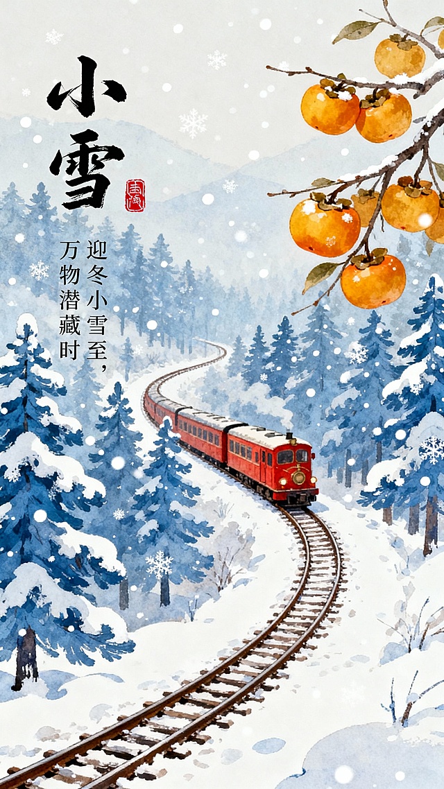中国风插画风格的小雪节气海报，以淡雅的蓝白为主色调，营造出宁静致远的冬日氛围。画面中，一条蜿蜒的铁轨上行驶着一辆红色的复古小火车，穿梭于被白雪覆盖的蓝色松树林间，雪花轻盈飘落，点缀着整个场景。右侧一枝金黄的柿子挂满枝头，增添了冬日的生机与暖意。左上角以潇洒的毛笔书法书写“小雪”二字，旁边配以红色印章，下方辅以“迎冬小雪至，万物潜藏时”的诗句，整体构图采用竖版布局，留白恰到好处，视觉层次分明，尽显东方美学韵味，传达出小雪时节的静谧与美好。