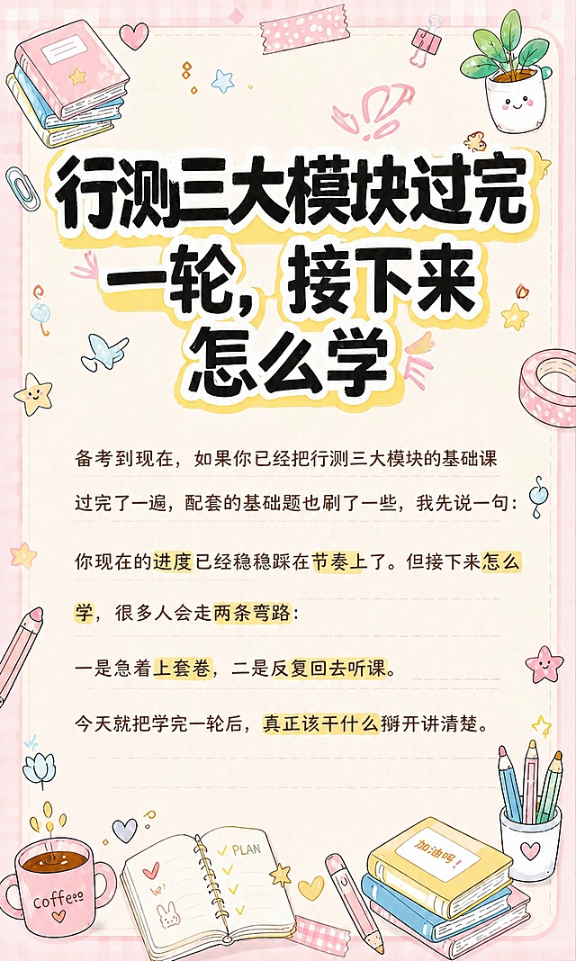 小红书笔记大字封面，插图大字，马卡龙手账涂鸦风格，版式精美，小红书笔记封面质感，适合信息流点击。版式骨架、分区比例、色调体系与参考图保持一致（相似度约70%），文案与装饰换为用户本次内容。主标题必须完整呈现且为画面视觉中心，逐字锁定：「行测三大模块过完一轮，接下来怎么学」。主标题字号占画面约三分之一视觉权重，更明显突出，清晰可读，不得增删改字。正文文字内容全部保留，逐字锁定：「备考到现在，如果你已经把行测三大模块的基础课过完了一遍，配套的基础题也刷了一些，我先说一句：你现在的进度已经稳稳踩在节奏上了。但接下来怎么学，很多人会走两条弯路：一是急着上套卷，二是反复回去听课。今天就把学完一轮后，真正该干什么掰开讲清楚。」。重点关键词保留高亮黄色底纹。背景：浅粉色马卡龙格纹边框，内页米白色笔记纸质感，浅背景边框和角落装饰。标题排版：扁平粗黑体马克笔手写感，主标题加黄色色块底框更突出，采用插图大字L01策略。装饰：四周和空白处添加密集但不杂乱的文具、咖啡杯、星星、书本、胶带、回形针、便签、小植物等手账涂鸦小元素，分布在边框和角落，不遮挡原文文字内容。整体氛围：马卡龙手账涂鸦风，温馨可爱，学习备考感。画质：高清细腻，信息层级清晰，主标题与背景强对比，文字完整处于安全区内不可裁切，四周留安全边距。图生图：严格使用用户上传图片，【图1】= 内容底图保留全部文字，【图6】= 风格参考图（马卡龙手账涂鸦风格参考），顺序与上传一致。