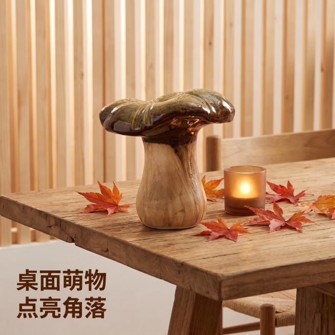 [主图 5] 仿真蘑菇陶瓷摆件氛围展示
[氛围风格] 自然森系风，氤氲氛围感
[质感] 商业摄影质感，光线柔和通透，产品清晰真实，画面干净高级
[元素] 蘑菇摆件放置在原木风餐桌中央，周围散落几片天然预览效果