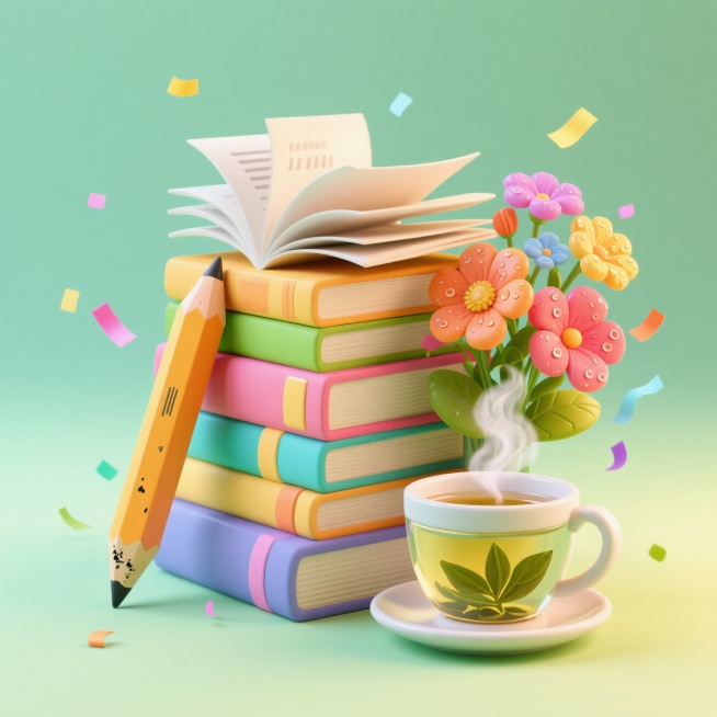 堆叠的书本、铅笔、茶、花束。空中有散落的小彩带，浅绿渐变背景。预览效果