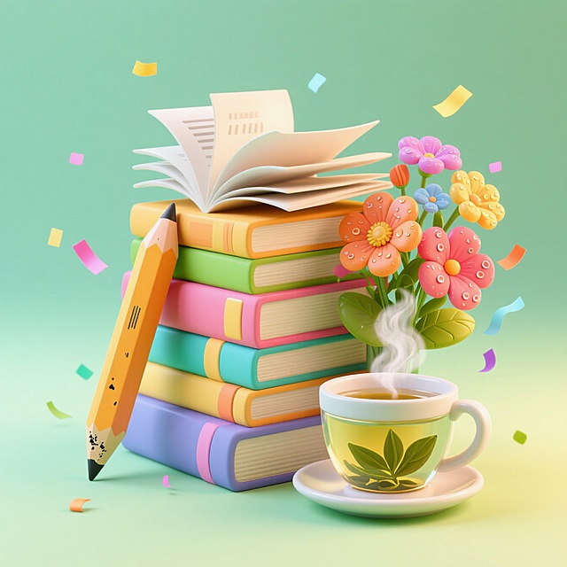 堆叠的书本、铅笔、茶、花束。空中有散落的小彩带，浅绿渐变背景。