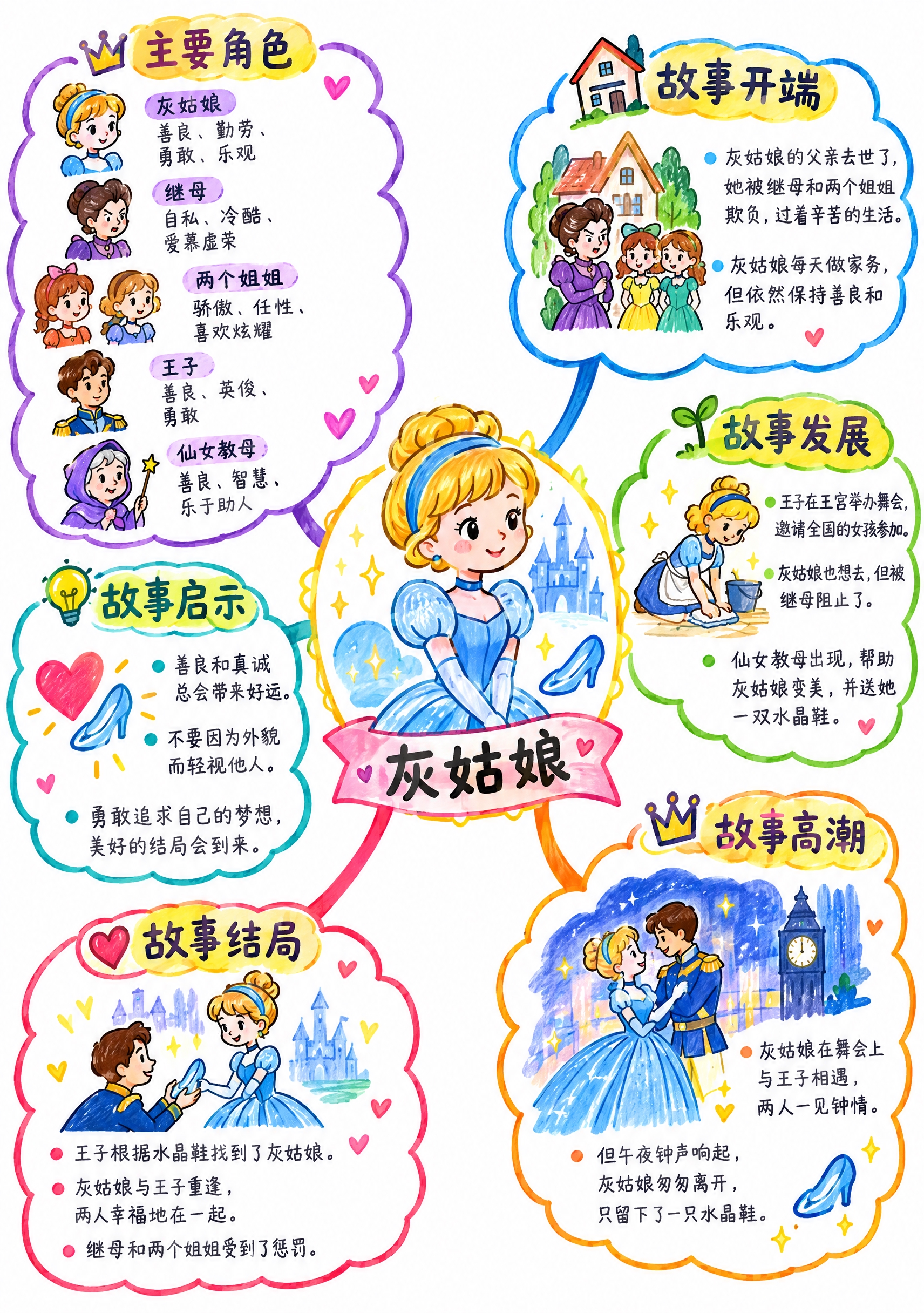 灰姑娘童话故事思维导图，马克笔手绘风格，白色背景，A4竖版。中… - 图片创意预览