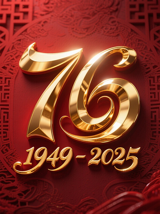 背景是深红色搭配中式暗纹，主体是金色艺术感大字“76”，下方有金色艺术感小字“1949-2025”