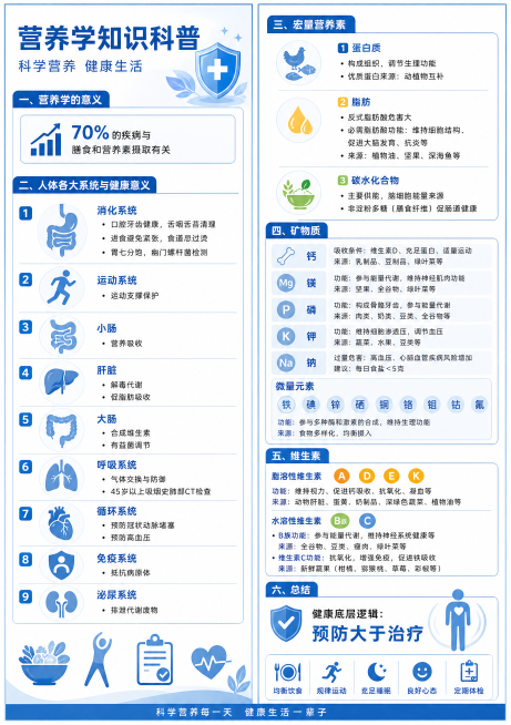 营养学知识科普海报，内容简约，蓝色调，横向排版，A5大小，内容分为两个版面，包含以下知识要点：一、营养学的意义，70%的疾病与膳食和营养素摄取有关；二、人体各大系统与健康意义：1消化系统，口腔牙齿健康预览效果