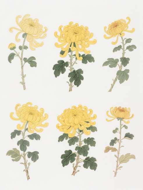 六朵不同样式、不同材质的菊花，采用中国传统工笔插画风格，线条流畅细腻，色彩明快鲜亮，黄色花瓣层次丰富，绿色叶片脉络清晰，整体造型写实且富有装饰性，以整齐的排列方式置于纯白色背景上，构图简洁大方，画面干净利落。预览效果
