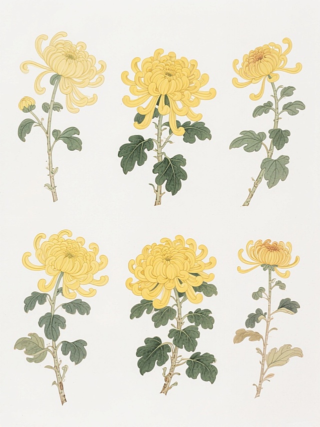 六朵不同样式、不同材质的菊花，采用中国传统工笔插画风格，线条流畅细腻，色彩明快鲜亮，黄色花瓣层次丰富，绿色叶片脉络清晰，整体造型写实且富有装饰性，以整齐的排列方式置于纯白色背景上，构图简洁大方，画面干净利落。