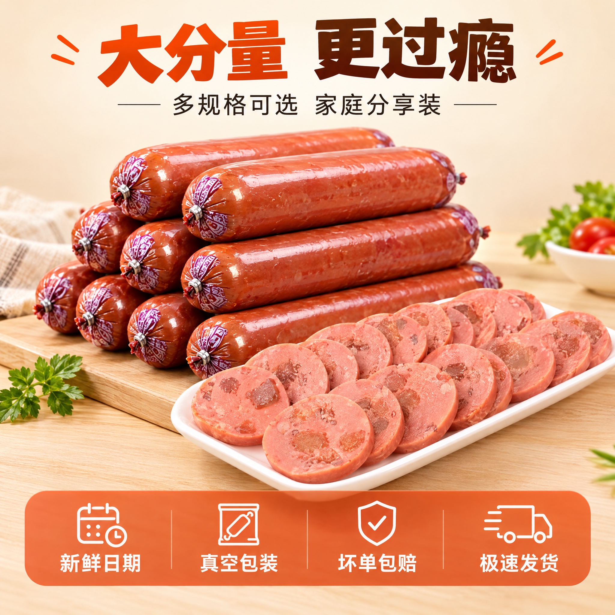 [主图-5] 牛筋火腿肠 规格与服务承诺 促进下单转化。 [统… - 图片创意预览