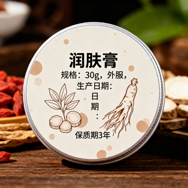 一张具有设计感的中药圆形润肤膏包装设计，包装风格简洁明了，包装上印有文字：“润肤膏 规格：30g，外服，生产日期：，保质期3年”，整体设计突出中药主题，简约大方预览效果
