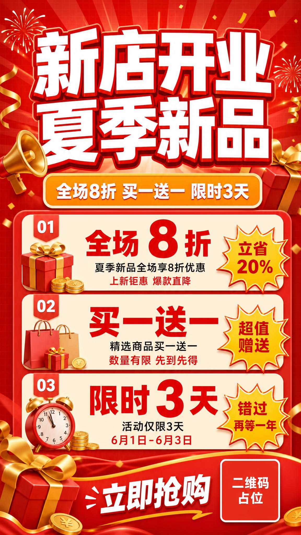 一张竖版9:16商业促销海报，主题为新店开业夏季新品限时折扣。… - 图片创意预览