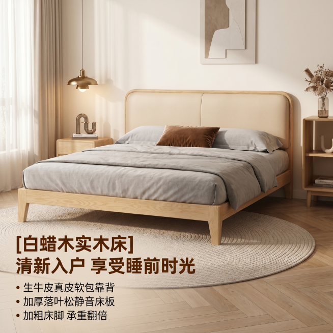 [主图 1] 白蜡木软包实木床北欧风格卧室场景首图。[氛围风格] 北欧风格、现代简约、温馨居家生活感。[画质] 商业摄影质感、光线柔和通透、产品清晰真实、画面干净高级。[元素] 保持白蜡木软包实木床外预览效果