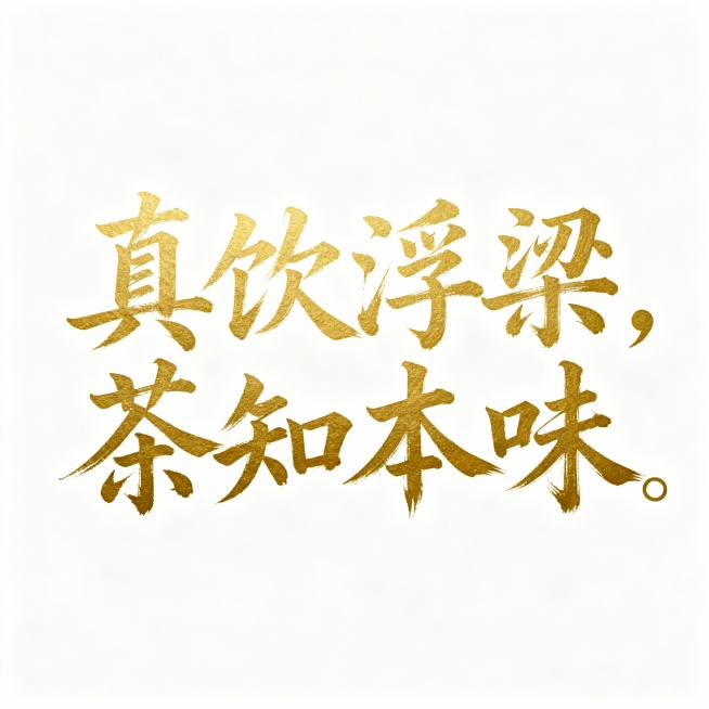 真饮浮梁，茶知本味 生成金色毛笔字体 背景白色预览效果