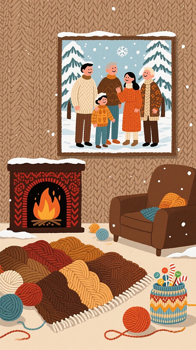 几个家庭成员的人物温馨团聚姿势站在客厅雪景画前，边缘随机散布壁炉、毛线毯、糖果罐，暖棕色背景