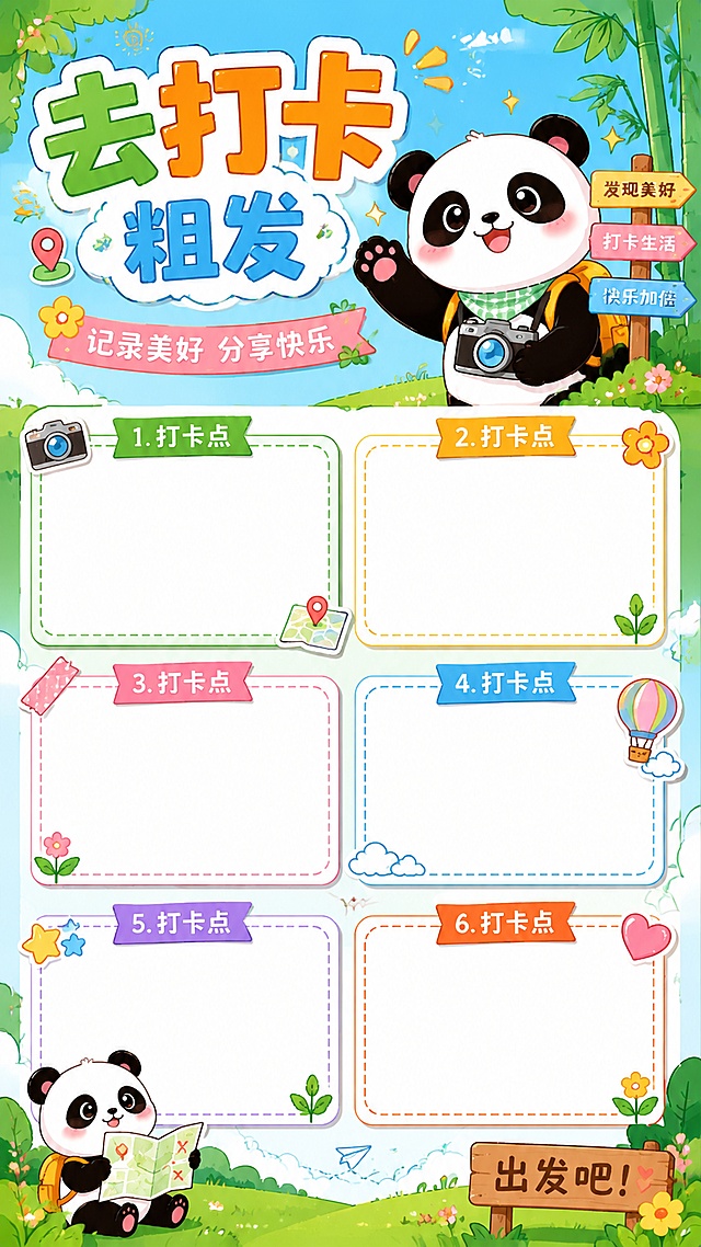 活泼可爱风格的打卡活动海报，主视觉包含熊猫元素，主标题文字"去打卡"，副标题文字"粗发"，装饰文字"记录美好 分享快乐"，画面预留出6个位置用于放置照片与文字，排版精美，分区清晰，整体风格轻松有趣，适配打卡活动主题，颜色清新明快，画面完整，文字清晰可读
