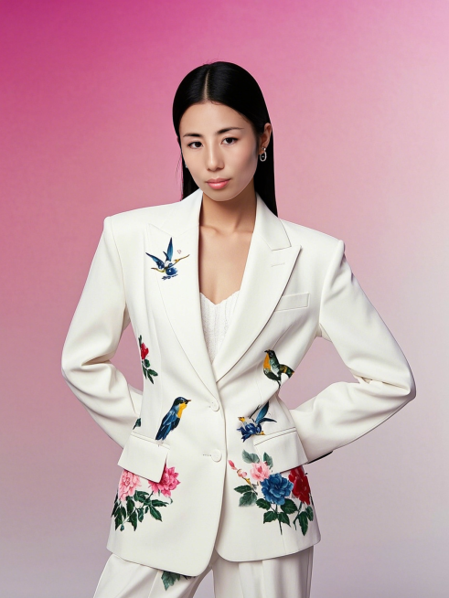 一个女生，花鸟图案白色西服，粉白渐变背景预览效果