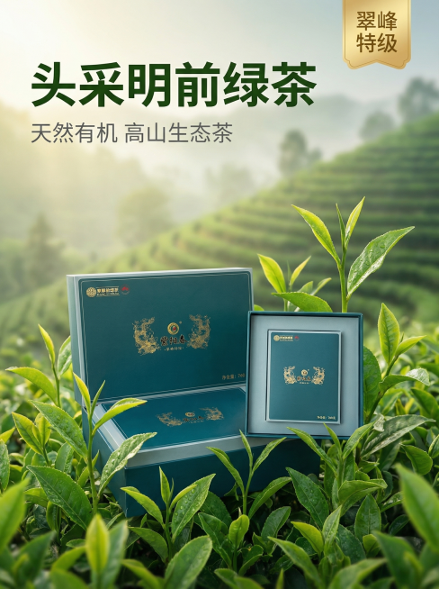 [主图 1] 头采明前绿茶产品首图，氛围天然有生机，翠绿清新品质感。画面元素：紫阳春翠峰特级绿茶礼盒居中展示，周围环绕新鲜嫩绿茶叶枝芽，背景为朦胧茶园山色，自然阳光洒落，整体干净透气，突出茶叶新鲜品质预览效果