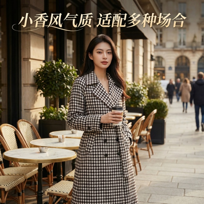 电商主图，模特穿着色织双面羊绒大衣在高端咖啡馆外场景穿搭展示，画面添加文字"小香风气质 适配多种场合"，突出大衣的时尚感和场景适配性，整体氛围优雅高级预览效果