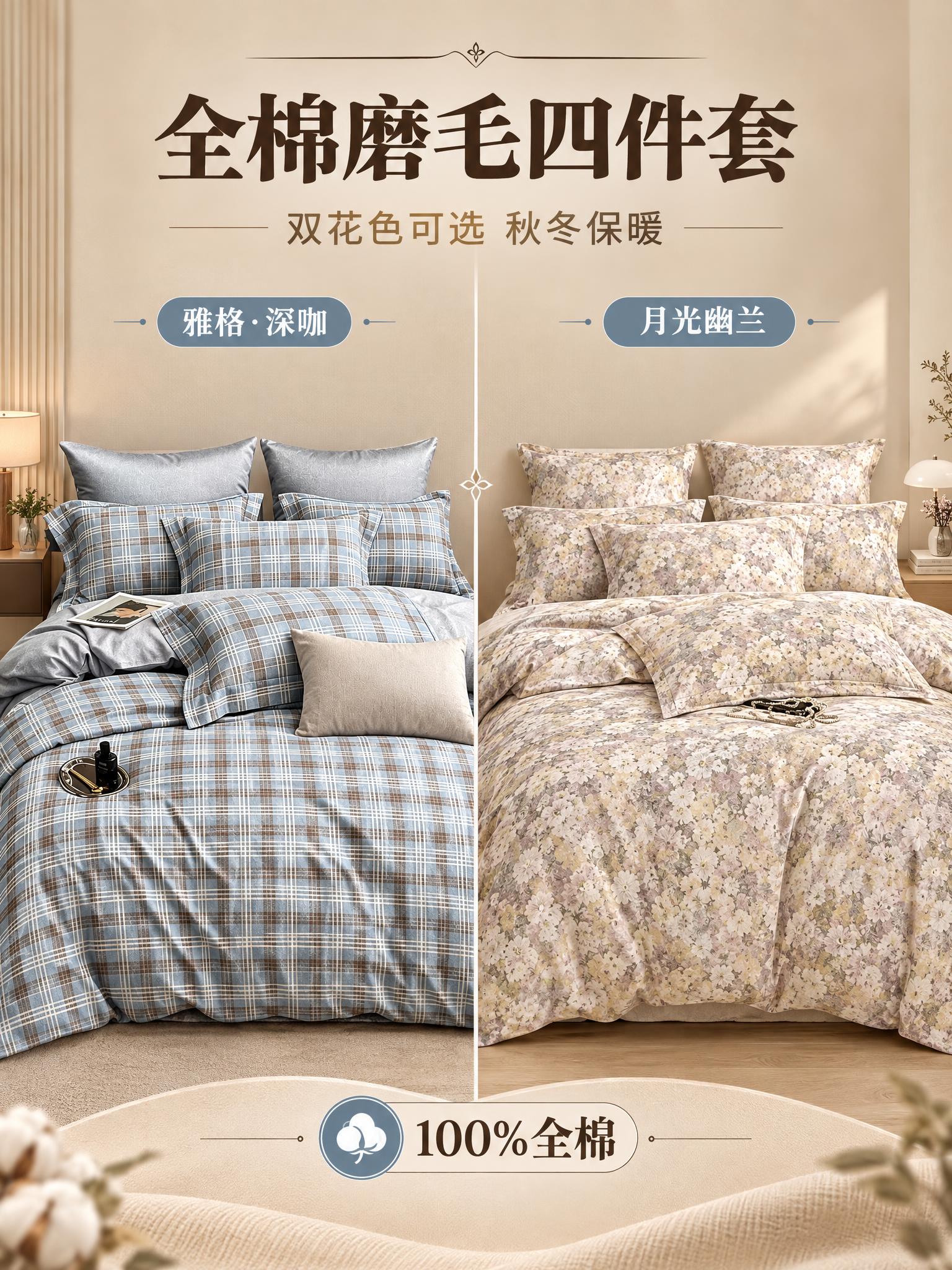 [商品] 使用【图1】雅格·深咖格纹四件套与【图2】月光幽兰碎… - 图片创意预览
