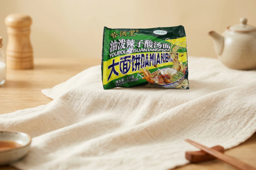 将这袋哈俩里油泼辣子酸汤面方便面放置在铺着棉麻质感桌布的木质桌子上，保持方便面包装的文字和Logo原样不变，保持产品主体物理结构不变。商业高调摄影，柔和漫射光，前中后景层次，黄金分割构图，温馨治愈的奶预览效果