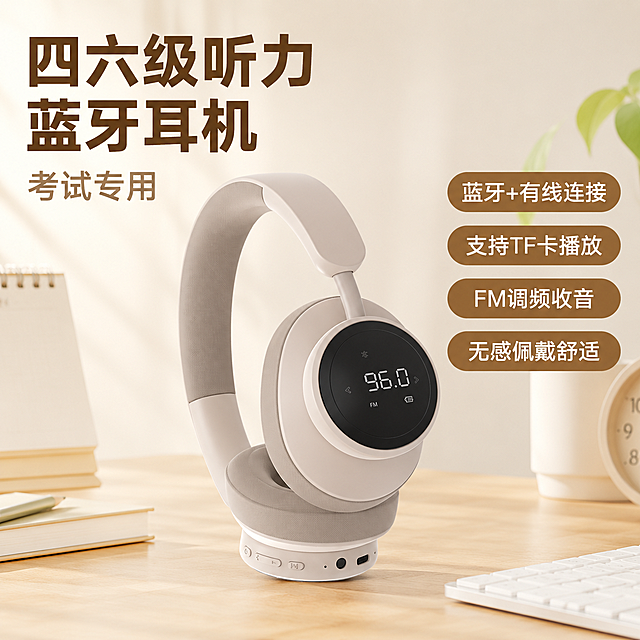 「图片1」，生成一套主图（5张），商品名称是蓝牙耳机，卖点是四六级考试专用蓝牙耳机，既可蓝牙连接又可有线连接，可播放TF卡音频，可接收调频广播，风格偏青春阳光，适配淘宝/天猫平台，主图比例为1:1