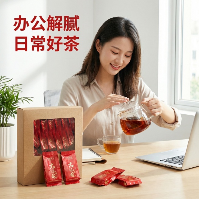 大红袍茶叶场景体验主图，办公室桌面场景，一张办公桌上面摆放着整套大红袍礼盒包装+泡好的茶汤，一位年轻白领正在办公闲暇准备泡茶，展示日常办公品茶的舒适体验。自然明亮光线，氛围轻松休闲。文字排版：左上角文预览效果