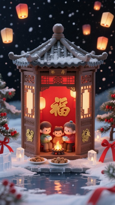 对称构图。主体是巨型木质宫灯立体场景，宫灯四面开雕花窗，内部一家三口围坐火盆旁守岁（手中握茶杯、坚果盘），宫灯外壁贴烫金福字与生肖贴纸，整体透出暖红光。场景置于结冰的湖面旁，周围点缀冰灯、红绸带、带红预览效果