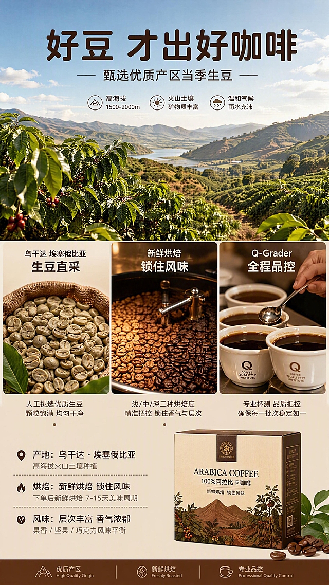 [第2张] 成分产地专张-优质产区生豆+新鲜烘焙工艺展示。本张为成分/产地专张，不使用产品图作为主图，以原料和产地场景为主视觉。
[氛围/风格] 产地叙事风，自然真实感，咖啡庄园氛围，温暖大地色调。
[元素布局] 画面上半部分为高原咖啡庄园实景（远山、咖啡树、蓝天），占画面约45%；中部横向排列三大原料/工艺模块：左侧生咖啡豆微距特写（颗粒饱满），中间烘焙中的咖啡豆（浅中深三种烘焙度对比），右侧Q-Grader品质检测示意（杯测勺、咖啡杯）；底部保留产品包装盒小图作辅助，占比约15%；核心原料元素单元素≥30%占画面，主视觉合计≥50%。
[光影质感] 自然日光，柔和均匀，咖啡豆油脂光泽清晰，整体明亮有质感。
[配色色系] 全局底色 #EDE0CC 浅咖米；主色深棕 #6B4423；辅助色绿色（咖啡叶）、金色（烘焙光泽）。
[视角构图] 上下分层构图，上场景下原料，阅读动线自上而下。
[文字版式] 顶部大标题「好豆 才出好咖啡」，副标题「甄选优质产区当季生豆」。中部三个模块各配短标题：左「乌干达 埃塞俄比亚 生豆直采」，中「新鲜烘焙 锁住风味」，右「Q-Grader 全程品控」。底部小字说明产地与工艺细节。标题使用圆角黑体，深棕色字，信息层级清晰。
[比例分辨率] 9:16 竖版比例，4K分辨率，文字清晰可辨，高清画质。
[负向提示词] 文字错乱，文字过小，水印，咖啡豆形态错误，产地场景虚假，颜色偏差。