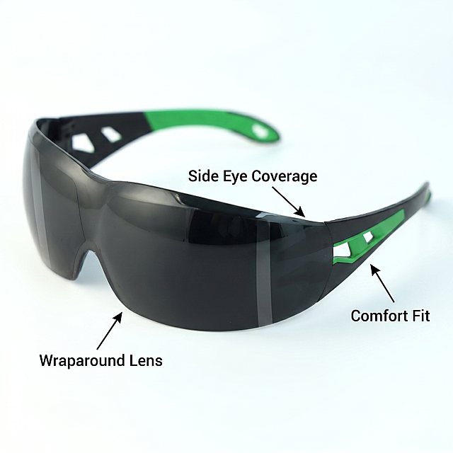 Create a close-up product detail image of the reference black and green wraparound protective safety glasses on a clean light background. Do not change the product shape, color, material, lens style, arm design, or core appearance. Keep the black dark wraparound lens and green-black frame exactly consistent with the reference product. Highlight the curved wraparound lens design that covers the front and sides of the eyes. Use subtle arrows and clean English labels: "Wraparound Lens", "Side Eye Coverage", "Comfort Fit". The glasses should look sharp, premium, and realistic. Style: premium e-commerce detail image, clean layout, sharp product texture, simple graphic labels. Size: 1:1 square, 800x800px. Negative: no Chinese text, no watermark, no logo, no clutter, no unrealistic product shape.