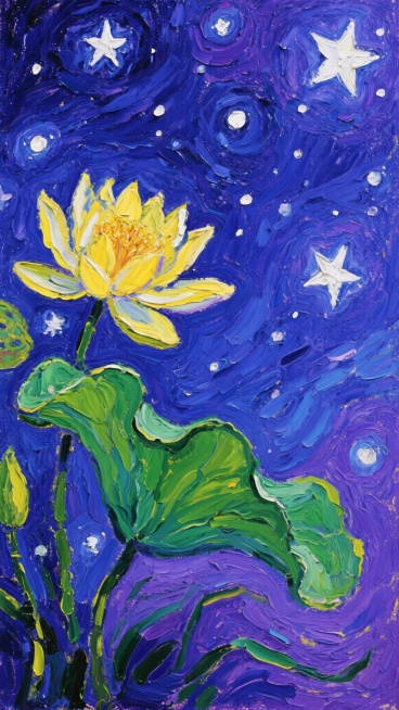 梵高风格的星空荷花油画背景，以深蓝和紫色为主色调，点缀着闪烁的白色星星，画面中黄色的荷花绽放，绿色的荷叶舒展，笔触厚重而富有动感，色彩对比强烈，营造出梦幻而神秘的氛围，整体构图饱满，充满艺术张力。预览效果