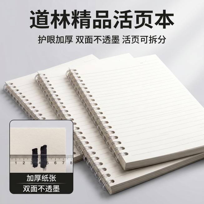 道林精品活页本电商主图，突出加厚不透墨纸张，展示纸张厚度和质感，主副标题不变：道林精品活页本，护眼加厚 双面不透墨 活页可拆分预览效果