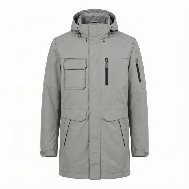 将第一张线稿图转变为实物冲锋衣，使用第二张图的浅灰色面料和颜色，保持第一张图的衣长、口袋结构和整体设计，生成高清实物商品展示图，白底背景预览效果