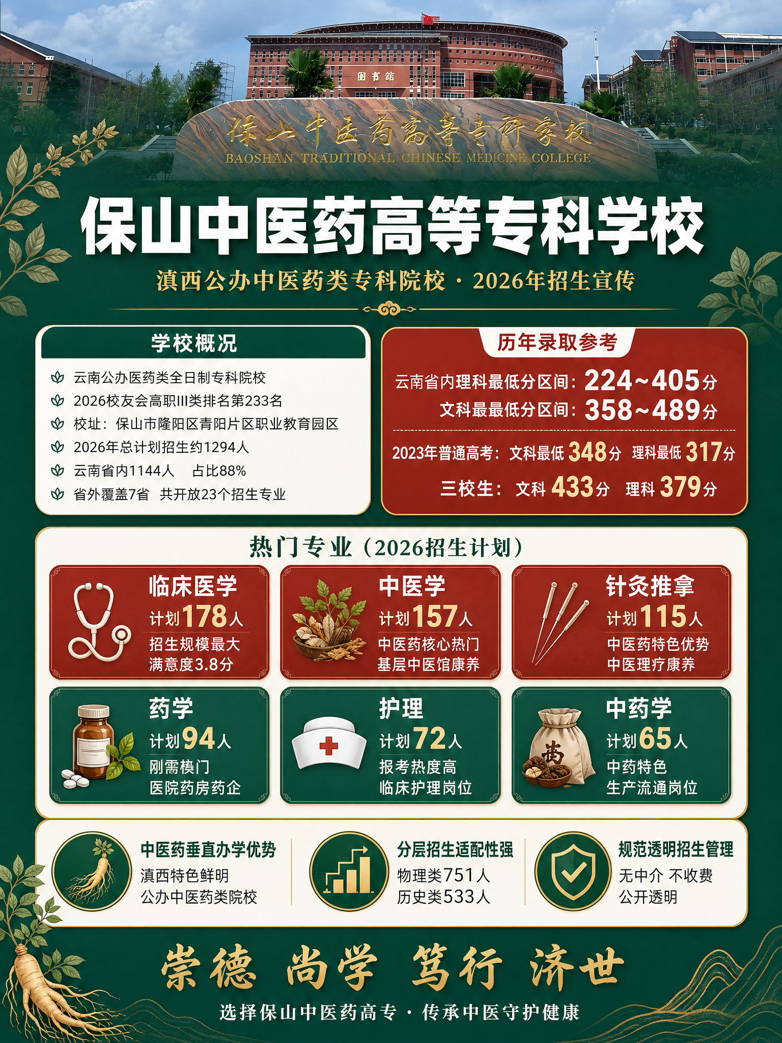 公办中医药高等专科学校招生宣传海报，竖版3:4比例，正式庄重风… - 图片创意预览