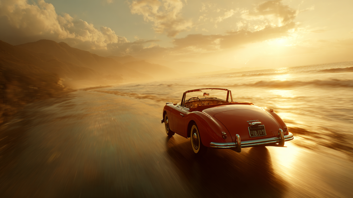 Luxury perfume advertisement storyboard, opening scene: red convertible speeding along the coast und预览效果