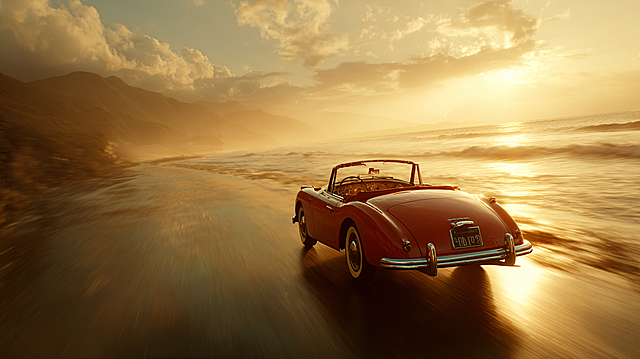 Luxury perfume advertisement storyboard, opening scene: red convertible speeding along the coast under golden sunset, movie-level composition, warm golden light, top commercial texture, vast sea and sky in the background, dynamic motion blur for wheels, romantic and extravagant atmosphere