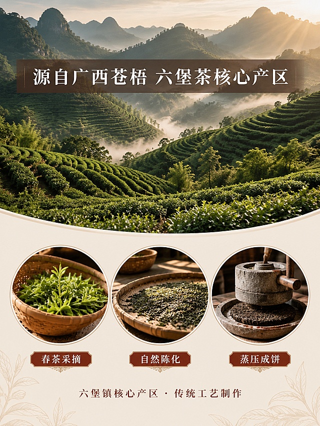 [第3屏] 产地与工艺屏——广西六堡茶原产地与传统制茶工艺介绍。本屏为产地茶园风光+古法工艺说明，纯场景展示。
[氛围/风格] 自然写实中式人文感，广西喀斯特茶园风光+传统制茶工艺，温暖治愈，商业摄影质感。
[元素布局] 画面上半部分为广西喀斯特地貌的茶园风光，远山层叠、薄雾缭绕、层层叠叠的茶树梯田，占屏约50%；下半部分横向排列三张圆形工艺图，从左到右分别展示：竹篓里的新鲜茶芽、竹匾摊晾的茶叶、石磨压茶饼的传统工具；画面底部有淡淡的茶叶纹理装饰。
[光影质感] 自然清晨日光，茶园薄雾光感温暖柔和；工艺小图为暖调室内自然光。
[配色色系] 全局底色 #F5EDE0（暖米杏色）；主色茶绿色、红棕色；辅助色米白色、深褐色。
[视角构图] 上下分层结构，上大图下三小图，阅读动线从上至下。
[文字版式] 上部茶园图叠加标题文字「源自广西苍梧 六堡茶核心产区」，白色宋体大字配半透明深棕色底条；下部三张圆形图下方各配标签文字：「春茶采摘」「自然陈化」「蒸压成饼」。底部小字「六堡镇核心产区 · 传统工艺制作」，红棕色宋体。
[比例分辨率] 3:4 竖版比例，4K 分辨率，文字清晰可辨，高清画质。
[负向提示词] 人物变形，场景虚假，文字错乱，水印，画质模糊，颜色过艳，出现人脸。