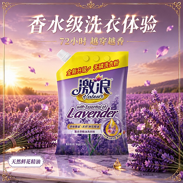[主图-1] 激浪薰衣草精油洗衣粉香氛氛围感首图。
[氛围风格] 法式浪漫紫色花海风，柔焦梦幻感，金色轻奢装饰，高级香氛大片质感。
[画质] 商业摄影质感、柔焦通透、产品清晰真实、高级电影感。
[元素] 激浪薰衣草精油洗衣粉袋装产品放在画面中央偏下的大理石台面上，产品占画面约55%，保持产品外观与输入产品图完全一致。背景是大片盛开的薰衣草花田，夕阳西下，紫色天空渐变粉橙。空中飘着大量薰衣草花瓣，产品两侧各有一支真实薰衣草花束作为前景装饰。台面上散落几片花瓣和一滴金色精油液滴。画面有金色细边框装饰。
[光影] 夕阳逆光从花田后方照射，形成暖金色轮廓光，产品正面柔和补光，花瓣有半透明透光感，大理石台面有柔和反光，整体暖调梦幻。
[配色] 主色调渐变紫粉，辅助色金色、暖橙、米白，夕阳暖调融合紫色花海。
[视角构图] 平视微仰视，产品居中，前景花束中景产品背景花海，三层景深，画面饱满有层次。
[文字版式] 画面上方大标题"香水级洗衣体验"，白色优雅衬线字体带金色光晕。标题下方小字"72小时 越穿越香"，金色细体。左下角小标签"天然鲜花精油"，白底紫字。文字均放在负空间，不遮挡产品。
[输出要求] 1:1比例，文字清晰锐利，超高清商业摄影质感。
[负向提示词] 变形，文字错乱，模糊，水印，电商平台Logo，多余的手，畸形手。
